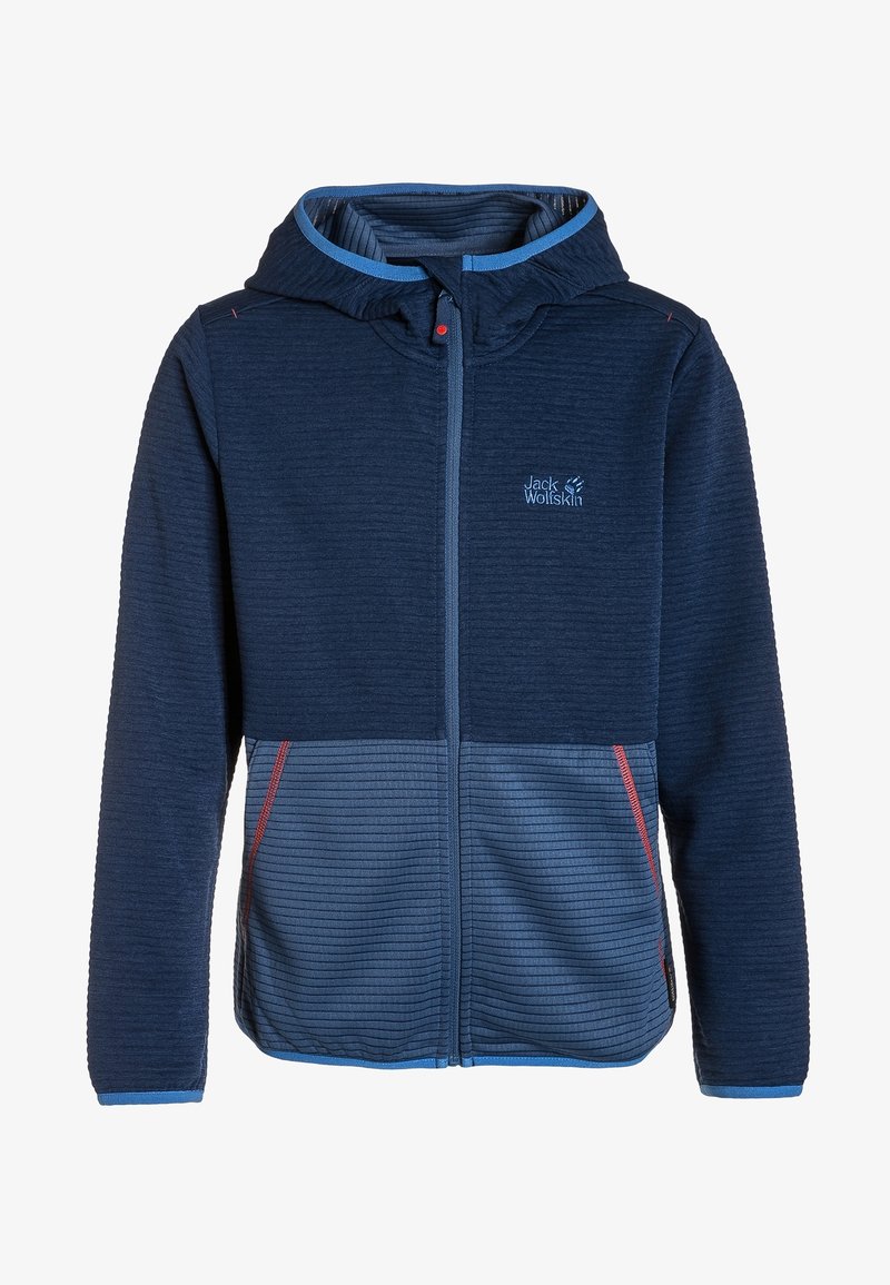 Marinblå zip-up hoodie med en kontrasterande texturerad panel, ribbat tyg och blå kant på huva och ärmar. Röd detalj på sidan.
