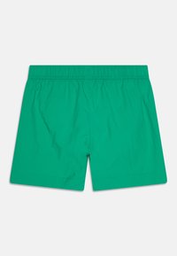Shorts de bain turquoise en tissu léger, dotés d'une taille élastique, d'une coupe droite et d'une texture lisse. Sans poches ni motifs.