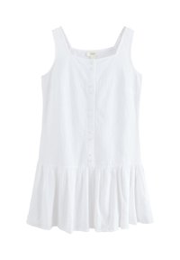 Biele bezrukávové šaty z ľahkej látky s hranatým výstrihom, zapínaním na gombíky vpredu a rozšíreným volánovým spodkom.