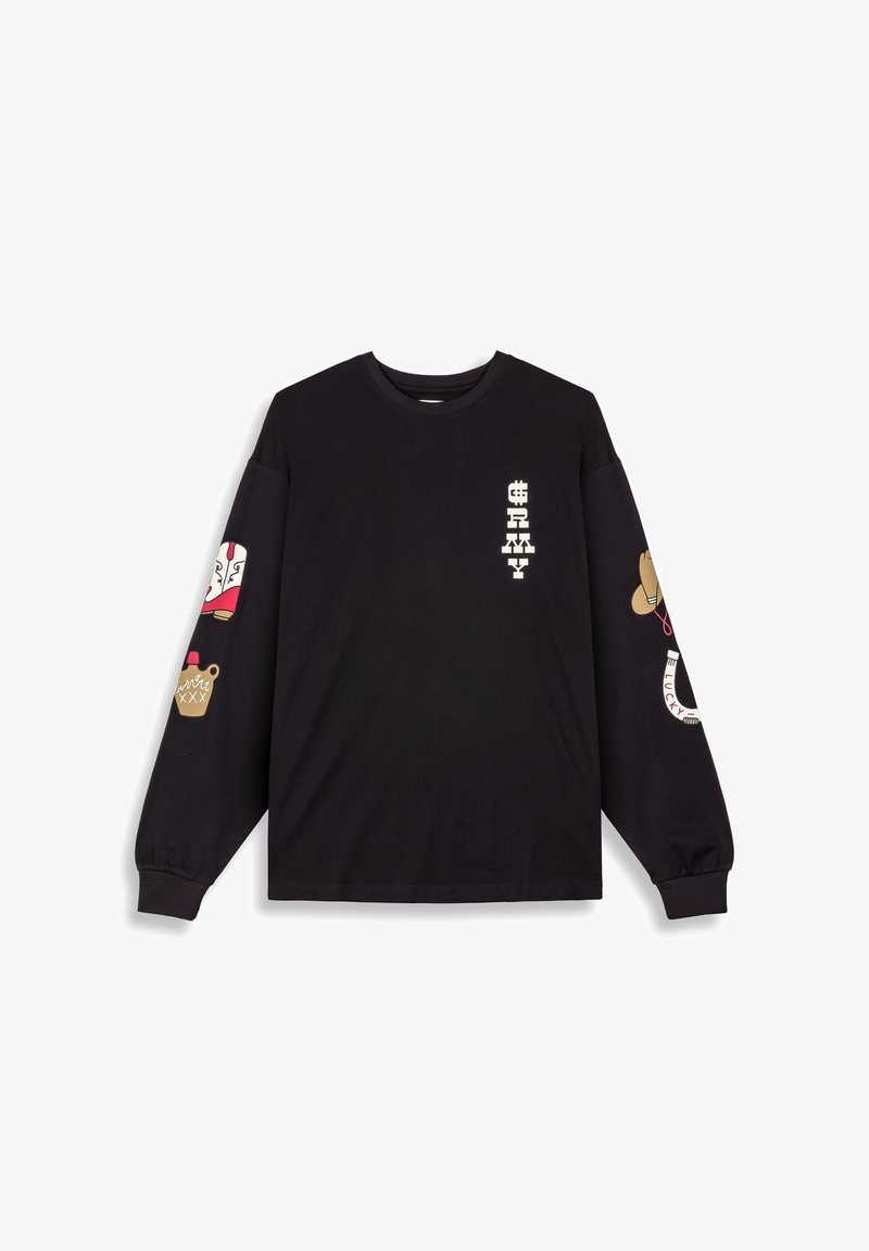 Czarna koszulka z długim rękawem wykonana z bawełny. Posiada grafikę na rękawach, w tym but, brązowy kubek oraz stylizowany tekst na piersi.