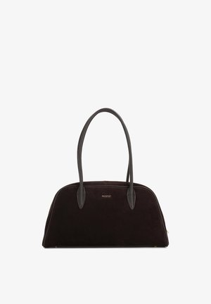 Pruunist nubukist käekott, millel on ümarad servad, topeltkäepidemed ja kuldne logoaktsent. Pind on sile, pehme tekstuuriga ja nähtavaid riistvara detaile ei ole.