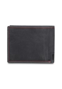 Portafoglio in pelle nera con cuciture rosse e bianche. Presenta una superficie testurizzata con uno scomparto per carte e un design elegante e rettangolare.