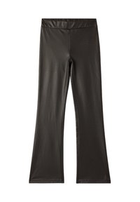 Czarne, dopasowane legginsy wykonane z gładkiego materiału syntetycznego z rozkloszowanym dołem, z szerokim pasem w talii dla wygody i eleganckiego wykończenia.