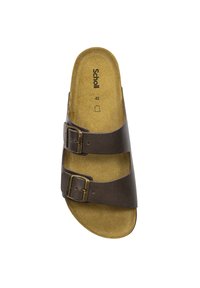 Sandalo in pelle marrone con due fibbie metalliche regolabili e una soletta in sughero, taglia 42, marchio Scholl visibile sulla soletta.