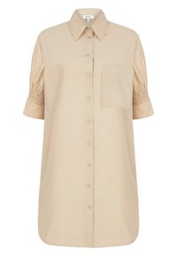 Robe-chemise beige à manches courtes avec col pointu, poche poitrine avant et détail smocké élastique aux manches.