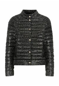 Schwarze gepolsterte Jacke mit geometrischem weißen Muster, hohem Kragen, Druckknöpfen und zwei seitlichen Taschen. Glatte Textur und gestepptes Design.