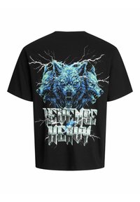 Black cotton t-shirt featuring a graphic design of three wolves in blue and white with lightning accents and bold text below.