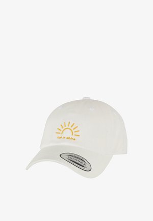 Fehér pamut baseball sapka íves peremmel, sárga nap és "Engedd ragyogni" hímzéssel az elején, hátul állítható pánttal.