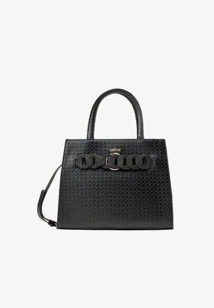 Sac à main noir texturé avec deux poignées, un détail de chaîne décorative à l'avant et un petit logo de marque doré indiquant « usha ».