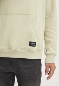 Lys grøn hættejakke i blødt stof med en frontlomme, ribbede manchetter og et sort mærketikette nederst til venstre. Båret med mørke jeans.