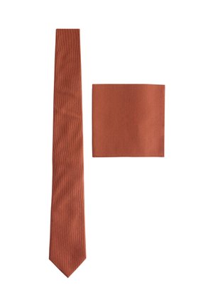 Rust-colored necktie and matching pocket square on a white background.