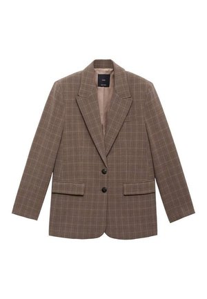 Blazer de cuadros marrón hecho de un tejido texturizado, con solapa de pico, dos bolsillos delanteros y dos botones negros como cierre.