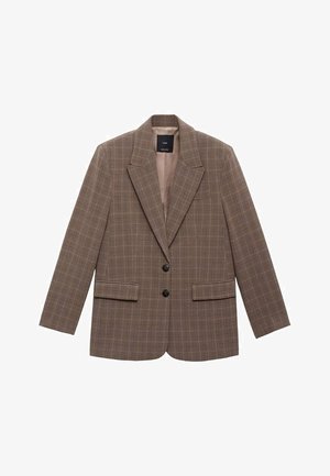 Blazer à carreaux marron en tissu texturé, avec un col cranté, deux poches avant et deux boutons noirs comme fermeture.