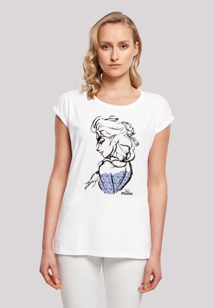 Weißes T-Shirt mit kurzen Ärmeln, das eine schwarze Strichzeichnung einer Figur mit einem blauen Pailletten-Kleidungsdesign und dem "Frozen"-Logo zeigt.
