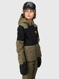 Chaqueta de esquí en negro y verde oliva, hecha de material impermeable con cierre de cremallera, que presenta un logotipo geométrico y guantes negros.