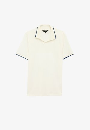Kremfarvet polo shirt med en fold-over krave og mørkeblå kant på ærmerne og kraven. Blødt stof med en afslappet pasform.