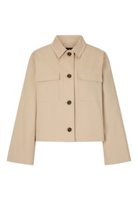 Giacca cropped beige chiaro con colletto, due taschini sul petto e bottoni marroni. Realizzata in un tessuto morbido e resistente.