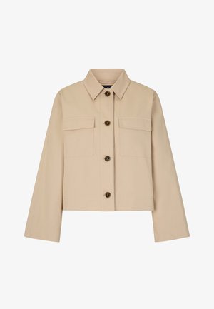 Helle beigefarbene cropped Jacke mit Kragen, zwei Brusttaschen und braunen Knöpfen. Hergestellt aus glattem, strapazierfähigem Stoff.