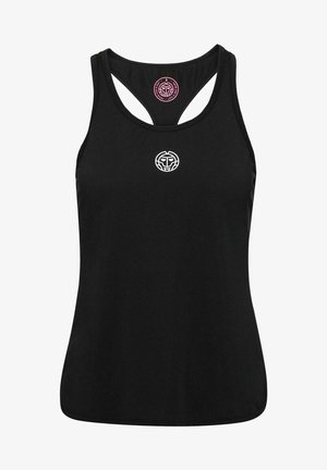 Camiseta sin mangas deportiva negra con tejido texturizado, con un escote redondeado, logo blanco contrastante en el pecho y diseño recortado en las tirantes.