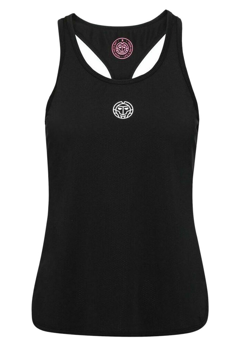 Canotta sportiva nera in tessuto texturizzato, con scollatura rotonda, logo bianco a contrasto sul petto e design con aperture sulle spalline.