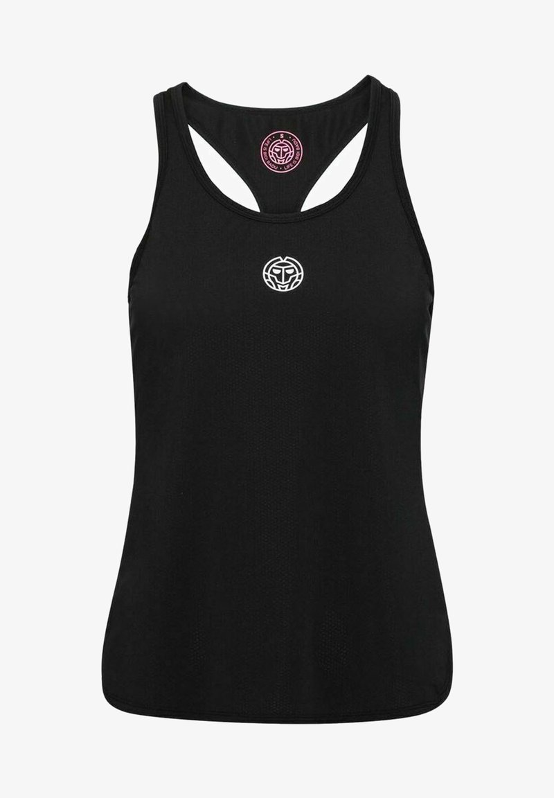 Canotta sportiva nera in tessuto texturizzato, con scollatura rotonda, logo bianco a contrasto sul petto e design con aperture sulle spalline.