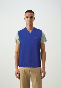 Blauwe gebreide vest met V-hals, ribbeltextuur en een klein groen logo op de borst, gedragen over een lichtgroene overhemd. De broek is beige.