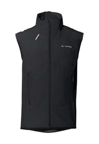 Gilet nero senza maniche con colletto alto, zip frontale e due tasche laterali. Presenta dettagli riflettenti e un tessuto liscio e leggero.