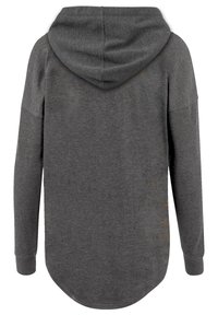 Gray hoodie with a rounded hem, long sleeves, and a drawstring hood. Fabric appears soft, with a subtle texture and no visible patterns.