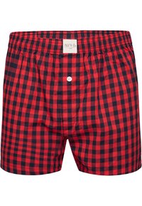 Boxers rouge et noir à carreaux en coton, avec une taille élastique, une fermeture à bouton et une coupe décontractée sans motifs supplémentaires.