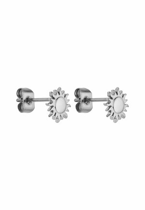 Zilveren stud oorbellen in de vorm van zonnebloemen, met een ronde center en bloembladachtige accenten. Vloeiende textuur met een gepolijste afwerking.