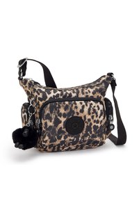 Leopard-print crossbody bag in fabric with a black strap and logo accent. Features a zippered pocket and a small furry keychain embellishment.