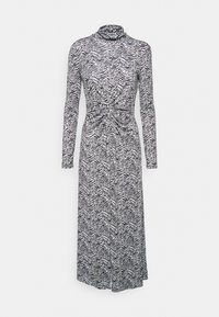 Langärmliges Kleid mit hohem Kragen, im schwarz-weißen Zebra-Print, und gedrehtem Knoten-Detail an der Taille.