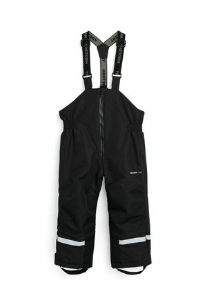 Sorte vandtætte selebukser med justerbare elastiske stropper, frontlynlås, reflekser nær manchetter og elastiske fodstropper for sikker pasform.