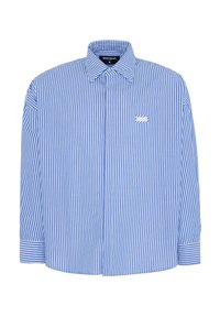 Camicia a righe blu e bianche con colletto, maniche lunghe e logo a patch sul lato sinistro del petto.
