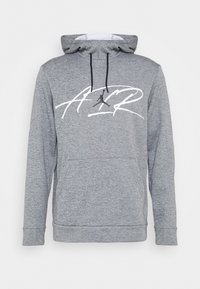 Felpa grigia con tasca a marsupio, cordini neri e logo "AIR" bianco con silhouette di un Jumpman sul davanti. Tessuto morbido.