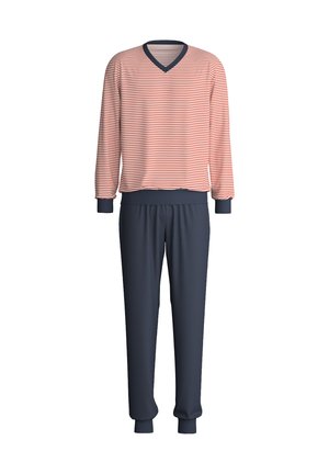 Gestreepte lang-sleeve top in rood en wit met een V-hals, gecombineerd met donkerblauwe broek. Beide stukken hebben ribgebreide manchetten en een relaxte pasvorm.