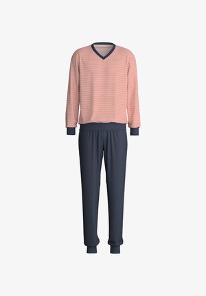 Gestreepte lang-sleeve top in rood en wit met een V-hals, gecombineerd met donkerblauwe broek. Beide stukken hebben ribgebreide manchetten en een relaxte pasvorm.