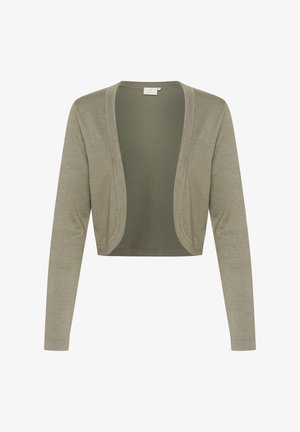 Cardigan tricotat scurt, de culoare verde olive. Are un design cu deschidere frontală, mâneci lungi și o textură fină. Nu are elemente metalice sau modele vizibile.