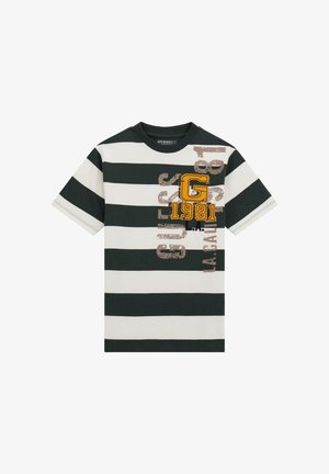 Grün-weißer, horizontal gestreifter T-Shirt aus Stoff, mit einem großen 'G'-Grafik und '1981' in fetten gelben und braunen Akzenten.