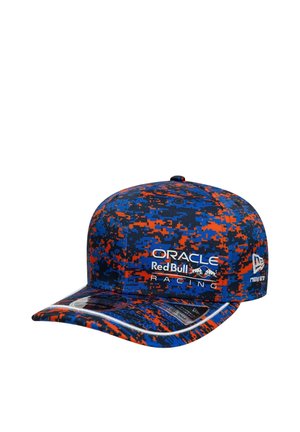 Niebiesko-pomarańczowa cyfrowa maskująca czapka wyścigowa z logo Oracle Red Bull Racing i marką New Era z przodu i z boku.