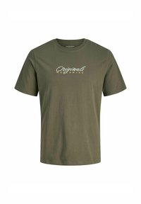 Olive zelené bavlnené tričko s krátkymi rukávmi a okrúhlym výstrihom, s bielym a zlatým textom "Originals Worldwide" na prednej strane.