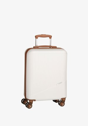 Hard-shell suitcase with white textured surface, diagonal brown accent, retractable handle, and four brown spinner wheels.