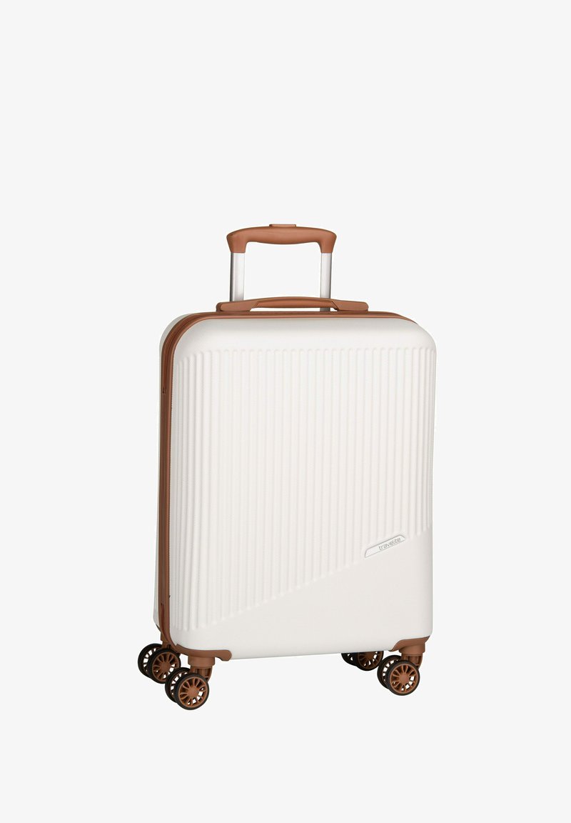 Hard-shell suitcase with white textured surface, diagonal brown accent, retractable handle, and four brown spinner wheels.