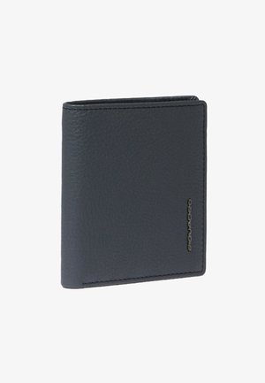 Portafoglio in pelle grigio scuro con finitura testurizzata, design bifold, cuciture a contrasto e logo in rilievo sul lato.