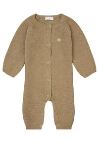 Brauner, gestrickter Overall mit langen Ärmeln, vorderen Knöpfen und einem kleinen Logo-Detail. Verfügt über strukturierter Stoff und einen runden Kragen.