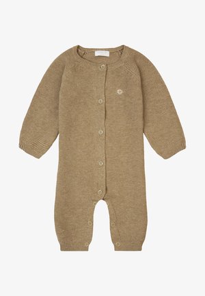 Brown knitted onesie with long sleeves, front buttons, and a small logo detail. Features textured fabric and rounded collar.