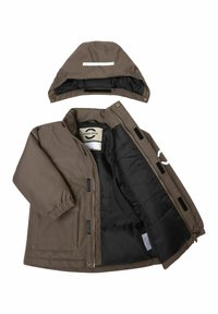 Braune Outdoor-Jacke mit abnehmbarer Kapuze. Zu den Merkmalen gehören elastische Bündchen, ein Reißverschluss vorne und zwei Vordertaschen. Das Innenfutter ist schwarz.