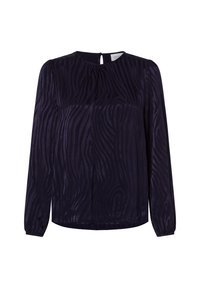 Marineblaue Bluse mit langen Ärmeln aus einem transparenten Stoff mit einem dezenten Zebra-Streifen-Muster, ausgestattet mit einem Schlüsselloch-Detail im Rücken und gerafften Schultern.