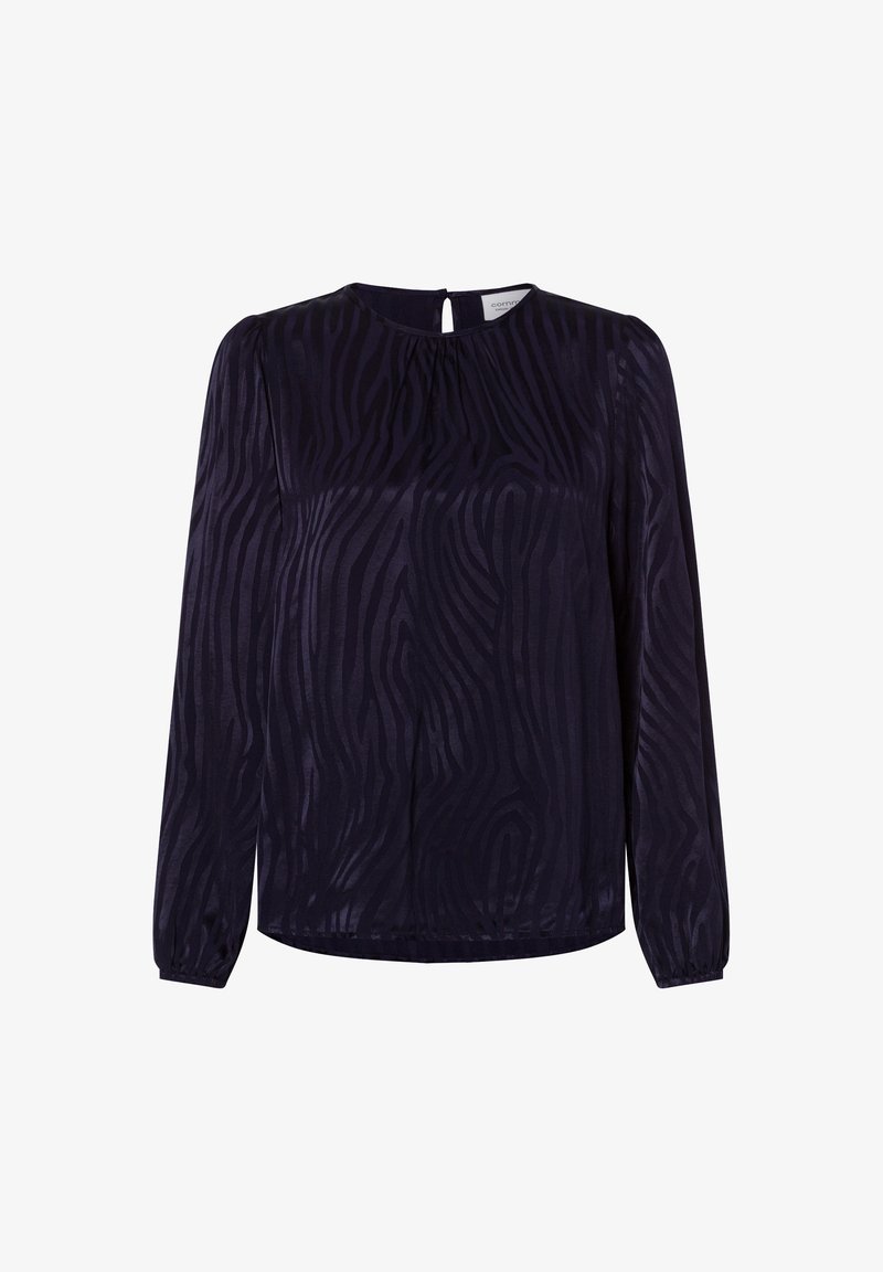 Marineblaue Bluse mit langen Ärmeln aus einem transparenten Stoff mit einem dezenten Zebra-Streifen-Muster, ausgestattet mit einem Schlüsselloch-Detail im Rücken und gerafften Schultern.