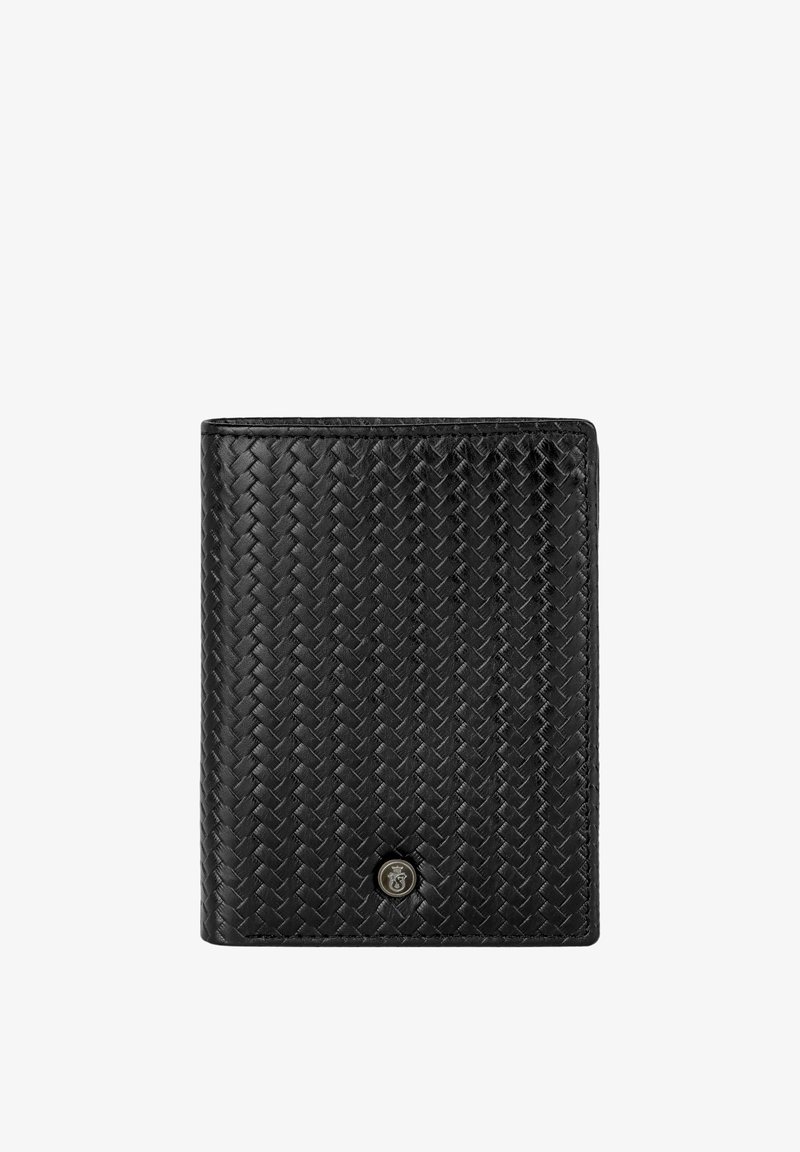 Portefeuille en cuir tressé noir avec un petit emblème métallique circulaire en bas au centre sur un fond blanc.
